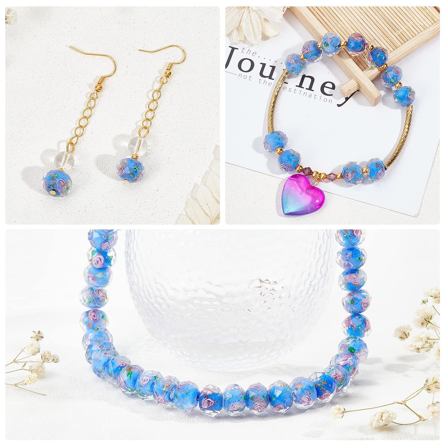 PH PandaHall 45pcs 12mm Gold Sand Lampwork Beads Glass Handmade Round Loose Beads with Hole for Rosary Making Jewelry Craft Making - Cornflower Blue