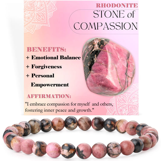 Bivei Rhodonite - Compassion - 6mm Beaded Bracelets for Women Handmade Semi Precious Natural Stone Stretch Elastic Jewelry for Women Yoga Protection Gifts Small