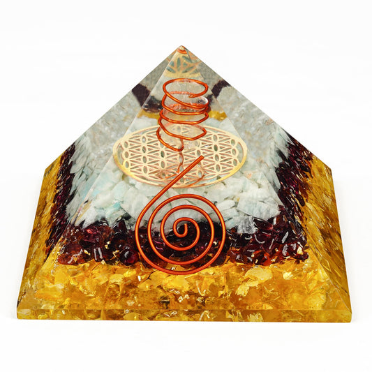 Chakra Healing Crystal Pyramid, Unique Birthday Gifts for Womens, Mom, Love One, Citrine Clear Quartz Orgonite Orgone Pyramid for Meditation, Balance, Positive Energy, Success, Office Desk Decor