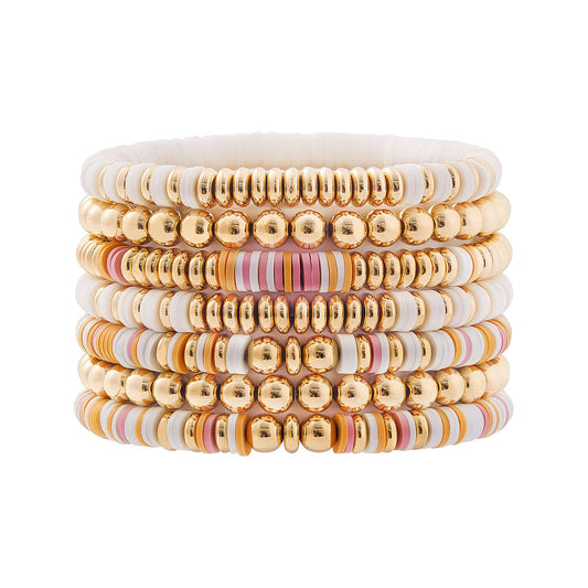 GOOJIDS Surfer Heishi Clay Bead Bracelets for Women Bohemian Stackable Gold Plated Beaded Stretch Bracelets Elastic Layering Friendship Bracelets Set Boho Jewelry
