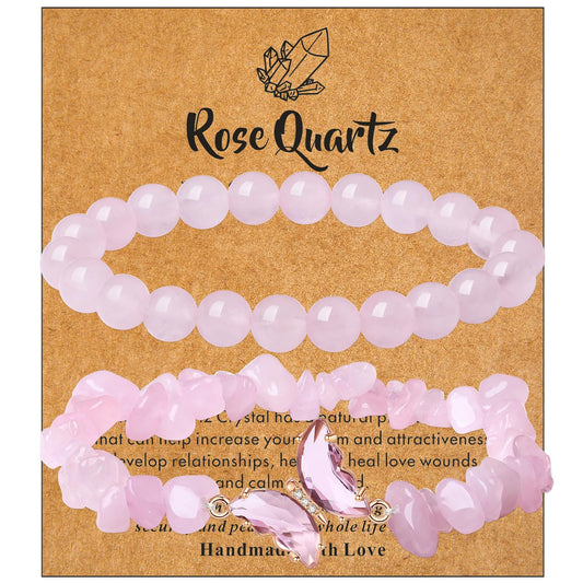 DUQGUHO 2Pcs Rose Quartz Butterfly Bracelets for Women, Pink, Cute Butterfly Charm, Healing Crystals, Crystal Gifts