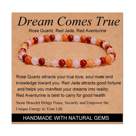 MASSIVE BEADS Rose Quartz Red Jade Red Aventurine - Dream Comes True Handmade Handmade Yoga Stretch Elastic Bracelet Natural Stone Crystal Healing Power Energy Gifts for Unisex Adult 4mm