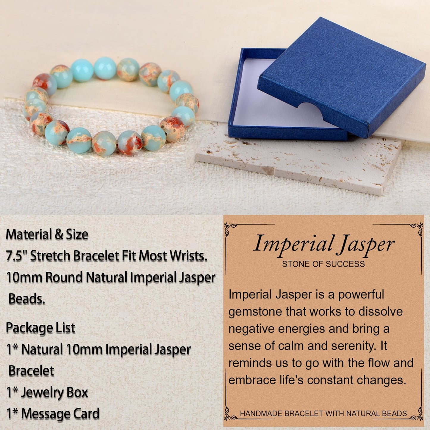 LPBeads Handmade Natural Gemstone Stretch Elastic 10mm Imperial Jasper Bracelet Healing Crystal Round Stone Beads Jewelry Gifts for Women Men
