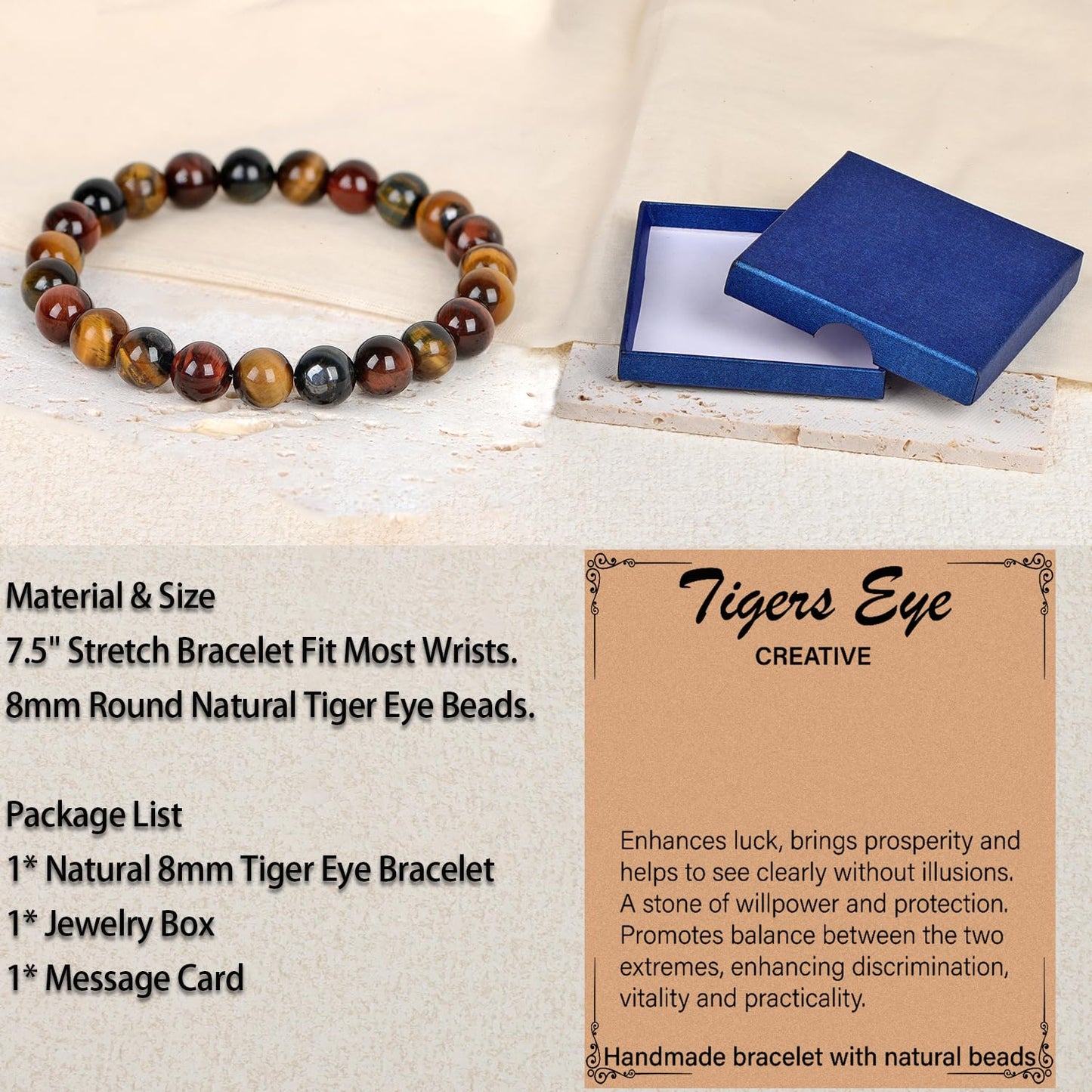 LPBeads Handmade Natural Gemstone Stretch Elastic 8mm Multicolor Tiger's Eye Bracelet Healing Crystal Round Stone Beads Jewelry Gifts for Women Men