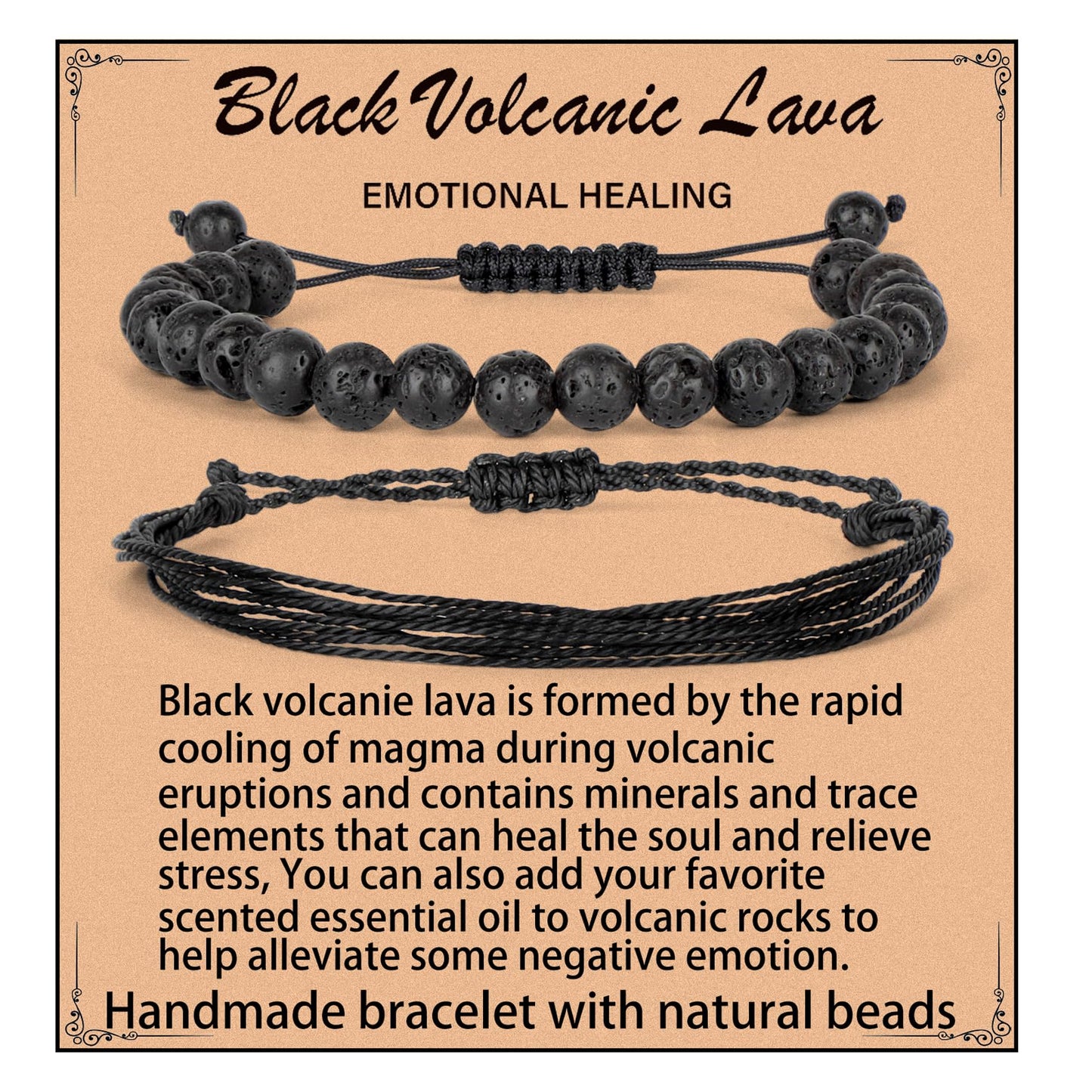 LPBeads 8mm Black Lava Bracelet with Handmade Rope Bracelet Size Adjustable Natural Stone Crystal Healing Bracelets Gifts for Unisex Adults