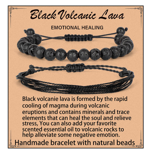 LPBeads 8mm Black Lava Bracelet with Handmade Rope Bracelet Size Adjustable Natural Stone Crystal Healing Bracelets Gifts for Unisex Adults
