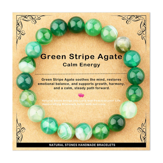 AD Beads 10mm Handmade Green Stripe Agate Elastic Bracelet – Natural Gemstone for Calm energy – Meditation, Yoga, Healing and Energy Gift for Men Women