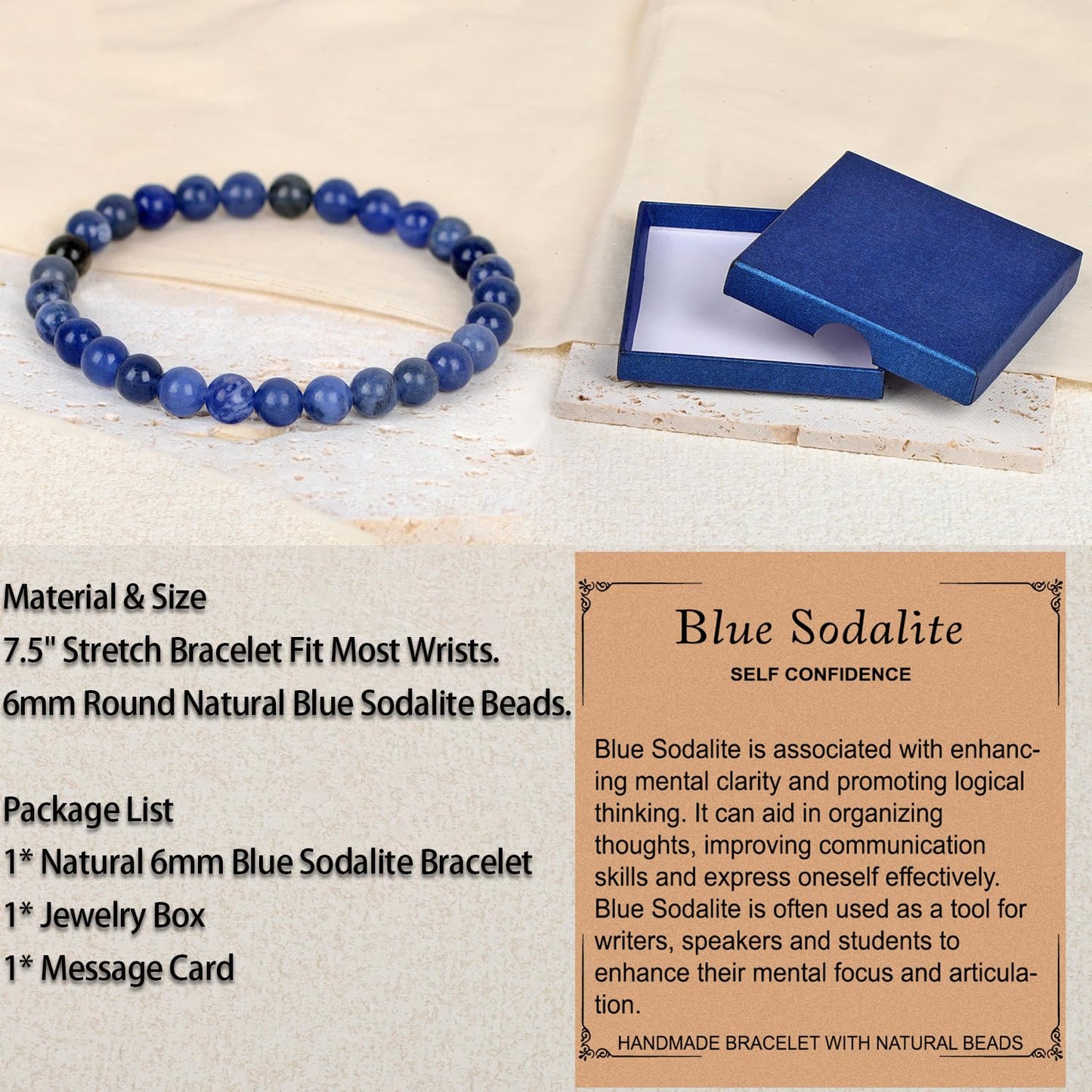 LPBeads Handmade Natural Gemstone Stretch Elastic 6mm Blue Sodalite Bracelet Healing Crystal Round Stone Beads Jewelry Gifts for Women Men