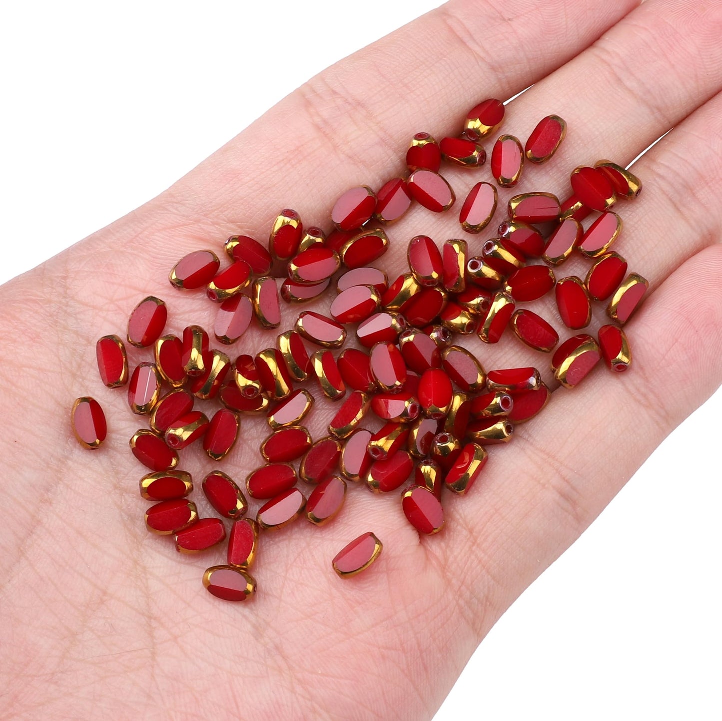 DADIFEN Glass Rice Beads Red 4x6mm 50pcs Faceted Oval Golden Edge Crystal Loose Beads for DIY Craft Jewelry Making
