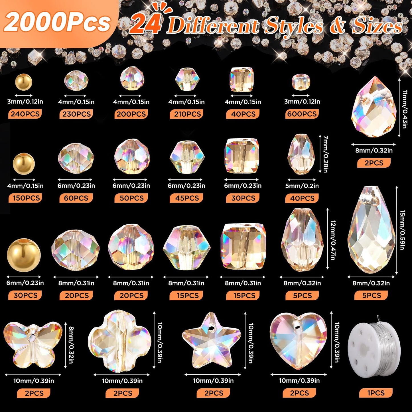 Zefy 2000+ Pcs Crystal Glass Beads for Jewelry Making, 24 Styles 3-15mm Assorted Faceted Craft Bead Kit for DIY Bracelet Necklace Earring Suncatcher (Silver Champagne)