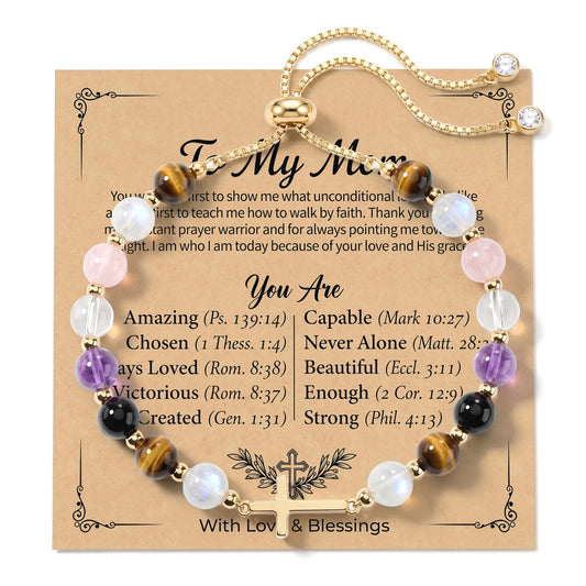 Aghfacy Christian Gifts for Mom Cross Bracelet Natural Gemstone Crystal Bracelet Gold Cross Charm Birthday Gifts for Mom Religious Gift Adjustable with Message Card