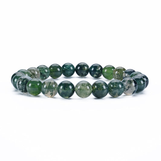 Cherry Tree Collection Moss Agate Beaded Bracelet – Genuine 8mm Gemstone Stretch Bracelet for Men & Women – Handmade Crystal Bracelet - (Moss Agate - M)