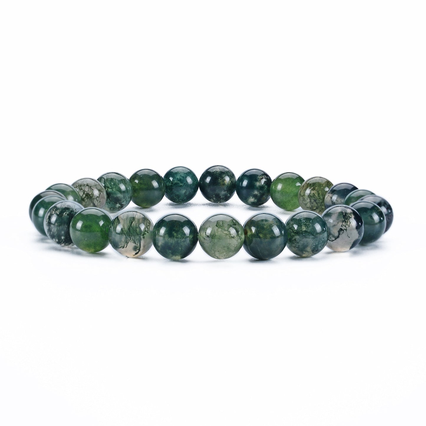 Cherry Tree Collection Moss Agate Beaded Bracelet – Genuine 8mm Gemstone Stretch Bracelet for Men & Women – Handmade Crystal Bracelet - (Moss Agate - S)