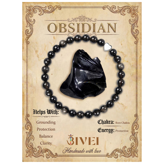 Bivei 6mm Obsidian Crystal Stretch Bracelets for Women, Handmade Natural Stone Beaded Bracelet, Yoga Protection Jewelry Gift