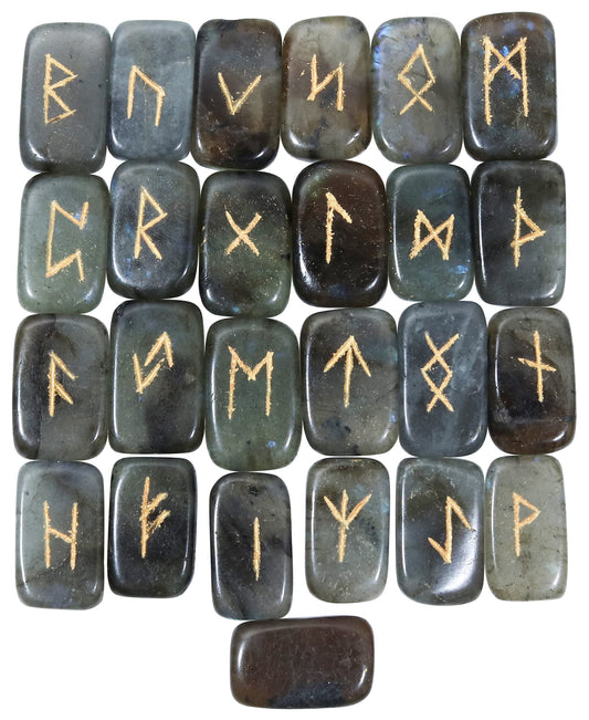 Crocon Labradorite Rectangle Shape Gemstone Rune Stones with Elder Futhark Alphabet Engraved 25 pcs Rune Set Crystal Divination Metaphysical Healing Chakra Reiki Runes Set with a Pouch Size: 21-26mm