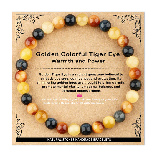 AD Beads 6mm Handmade Golden Colorful Tiger Eye Elastic Bracelet – Natural Gemstone for Warmth and power – Meditation, Yoga, Healing and Energy Gift for Men Women