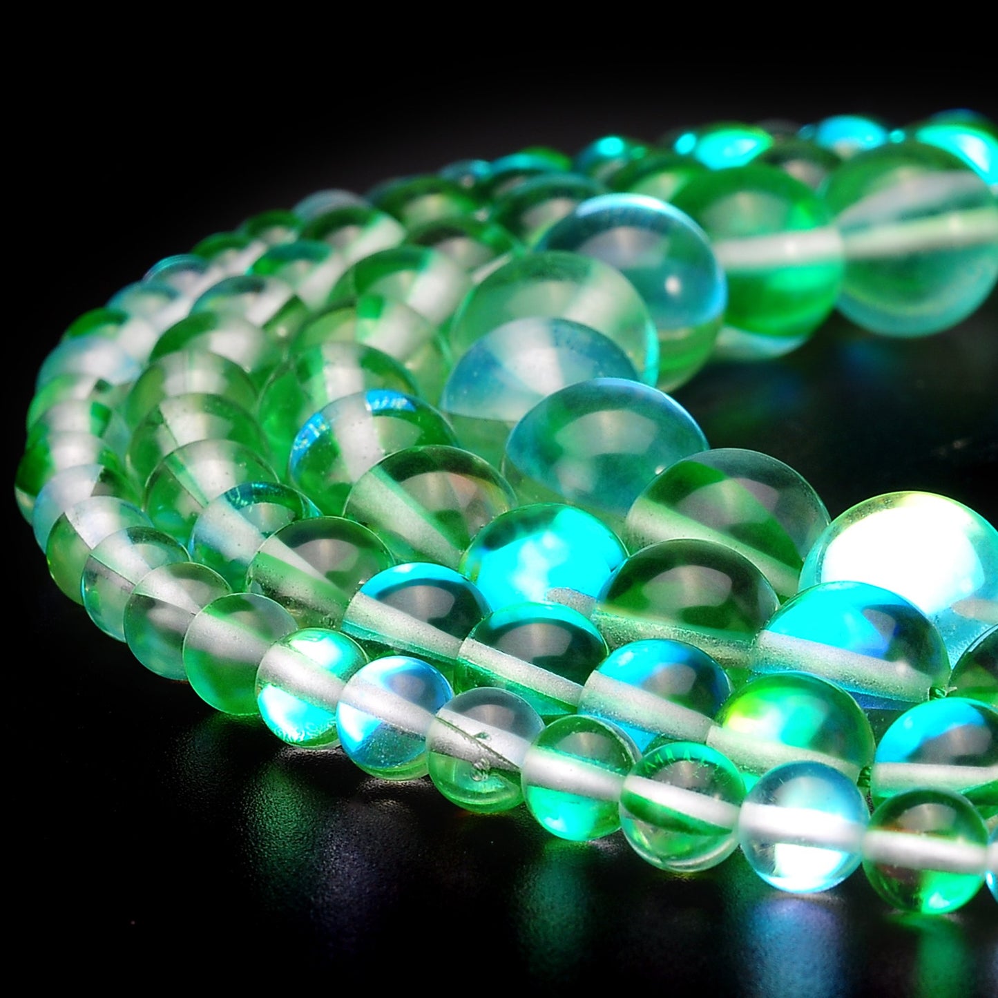 RUBYCA Round Moonstone Crystal Glass Beads Aura Iridescent for Jewelry Making (1 Strand, 12mm, Green)