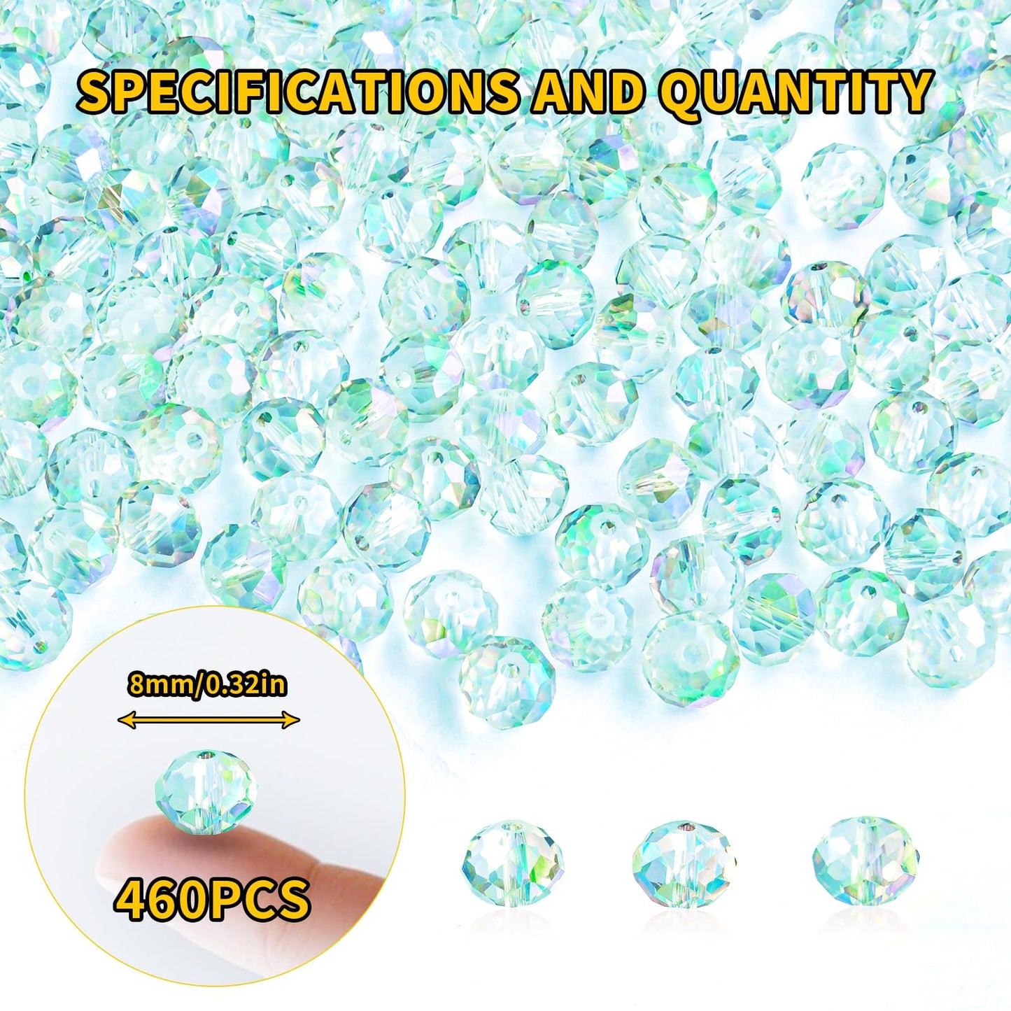 Laopottbeads 460Pcs 8mm Crystal Glass Beads for Jewelry Making Beads for Bracelets Necklace Pendants Making Supplies(Light Blue Green)