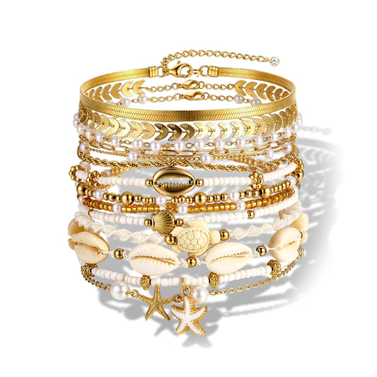 FAXHION Boho Gold Beaded Bracelets for Women, Starfish & Shell Pendant Bracelet Stack, Gold Bracelet Set Summer Beach Jewelry Gifts