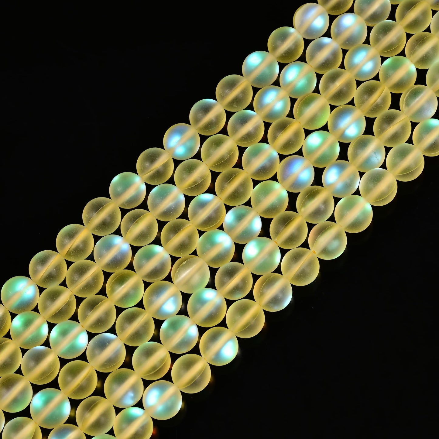 10mm Matte Yellow Mermaid Aurora Crystal Glass Bead, Glitter Round Synthetic Moonstone Beads for Jewelry Making Bracelets