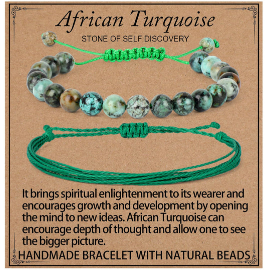 LPBeads 8mm African Turquoise Bracelet with Handmade Rope Bracelet Size Adjustable Natural Stone Crystal Healing Bracelets Gifts for Unisex Adults