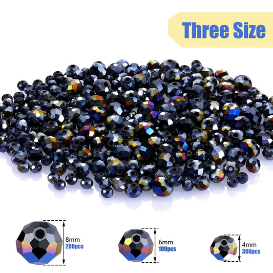 WILLBOND 600 Pcs Crystal Glass Beads for Jewelry Making Bulk Suncatcher Faceted Rondelle Loose Gemstone for Valentine's Day, Irish Holiday, Easter Bracelet DIY Crafts 8mm, 6mm, 4mm(Black AB Color)
