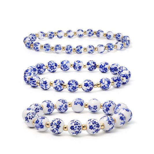 Dainty Bow Charm Beads Bracelet for Women Blue And White Vintage Ceramics Flower Bracelet Handmade Stretch Cute Beaded Romantic stackable Jewelry Gifts
