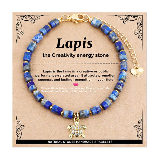 Natural Gemstone Healing Crystal Lapis Dainty Charms Turtle Bracelet Adjustable Chain Extender Minimalist Jewelry