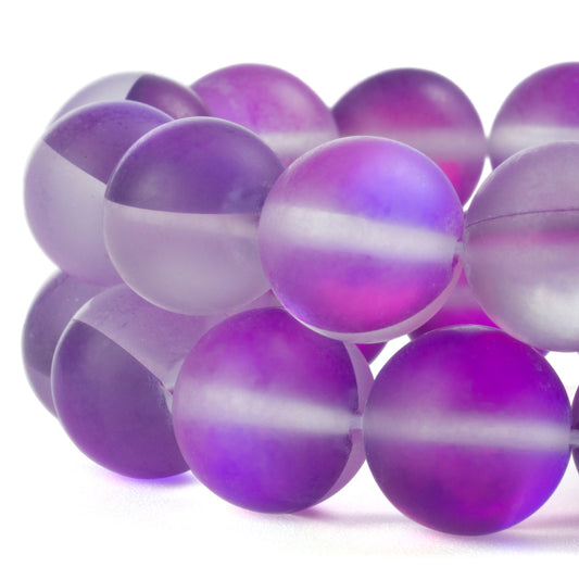 RUBYCA 12mm Round Moonstone Matte Crystal Glass Beads Aura for Jewelry Making Purple, 1 Strand