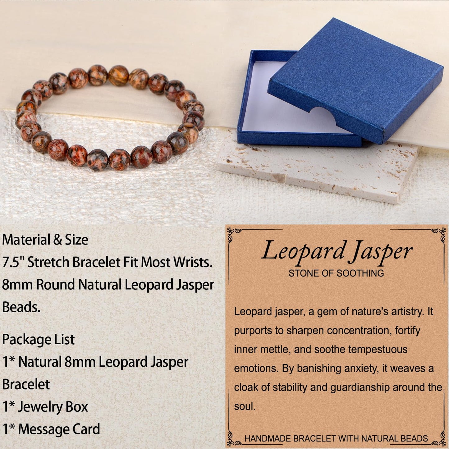 LPBeads Handmade Natural Gemstone Stretch Elastic 8mm Leopard Jasper Bracelet Healing Crystal Round Stone Beads Jewelry Gifts for Women Men