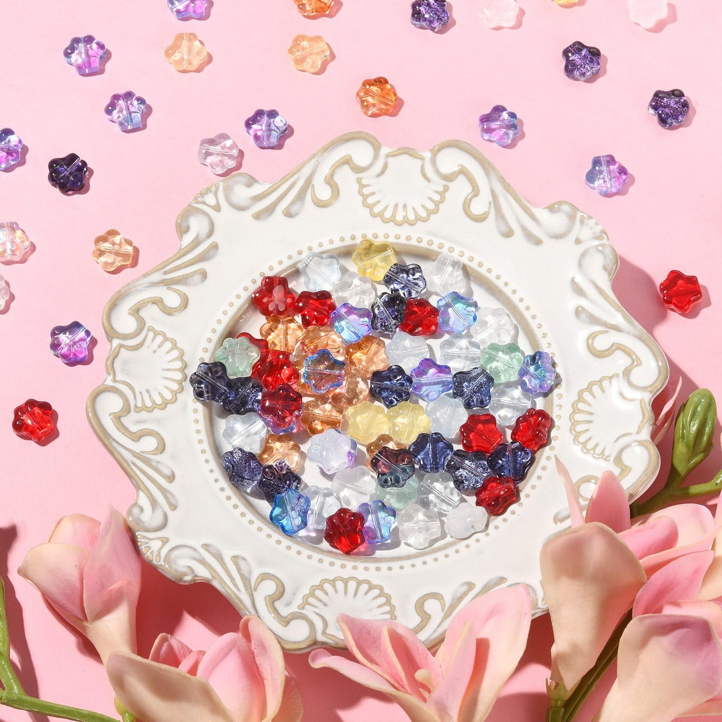 LiQunSweet 100 Pcs Mixed Style Colorful Cystal Glass Beads Dog Cat Animal Paw Prints Footprint Beads for Jewelry Making