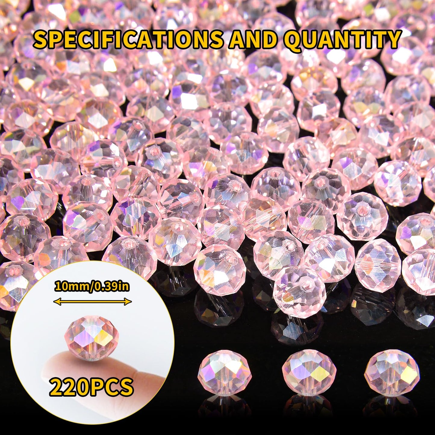 Laopottbeads 220Pcs 10mm Crystal Glass Beads for Jewelry Making Beads for Bracelets Necklace Pendants Making Supplies(Pink)
