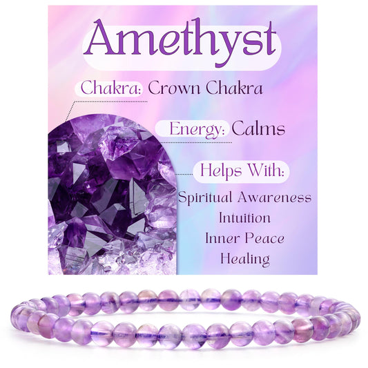 Bivei Amethyst - Calms - 4mm Beaded Bracelets for Women Handmade Semi Precious Natural Stone Stretch Elastic Jewelry Yoga Protection Gifts Small