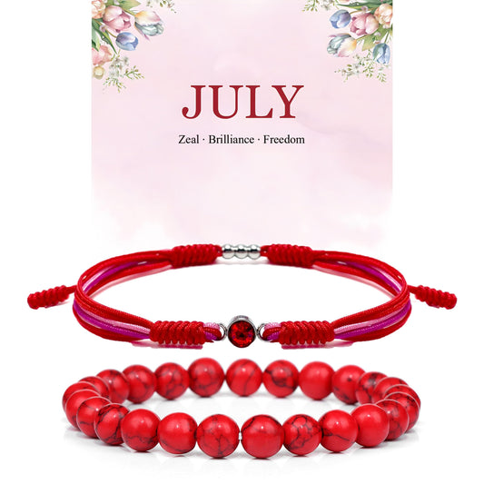 Crgwxzl July Birthstone Bracelets for Women Men,Healing Crystal Protection Stone Red Turquoise Beads Bracelet,String Wrap Zodiac Month Bracelets Birthday Jewelry Gifts