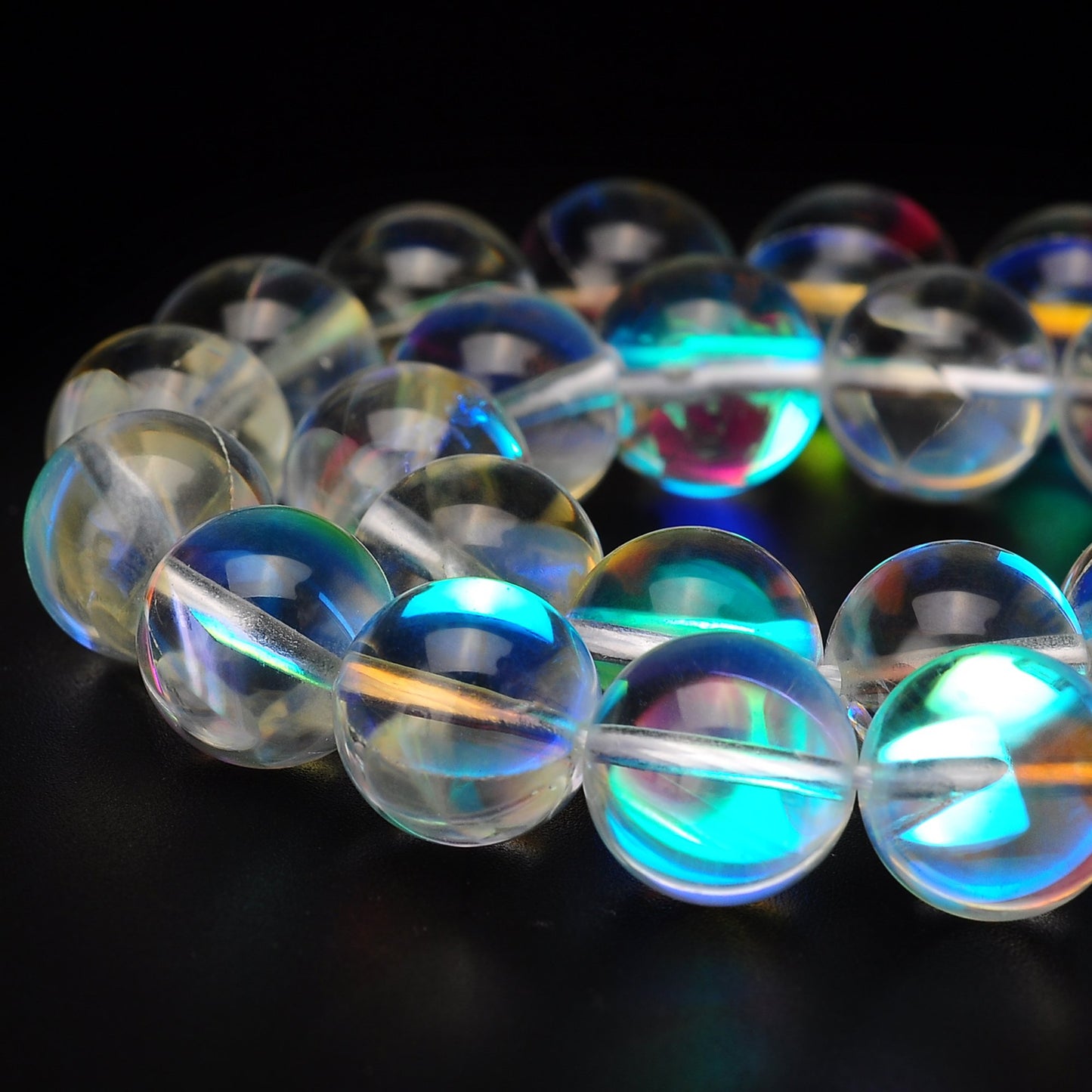 RUBYCA Round Moonstone Crystal Glass Beads Aura Iridescent for Jewelry Making (1 Strand, 8mm, White)