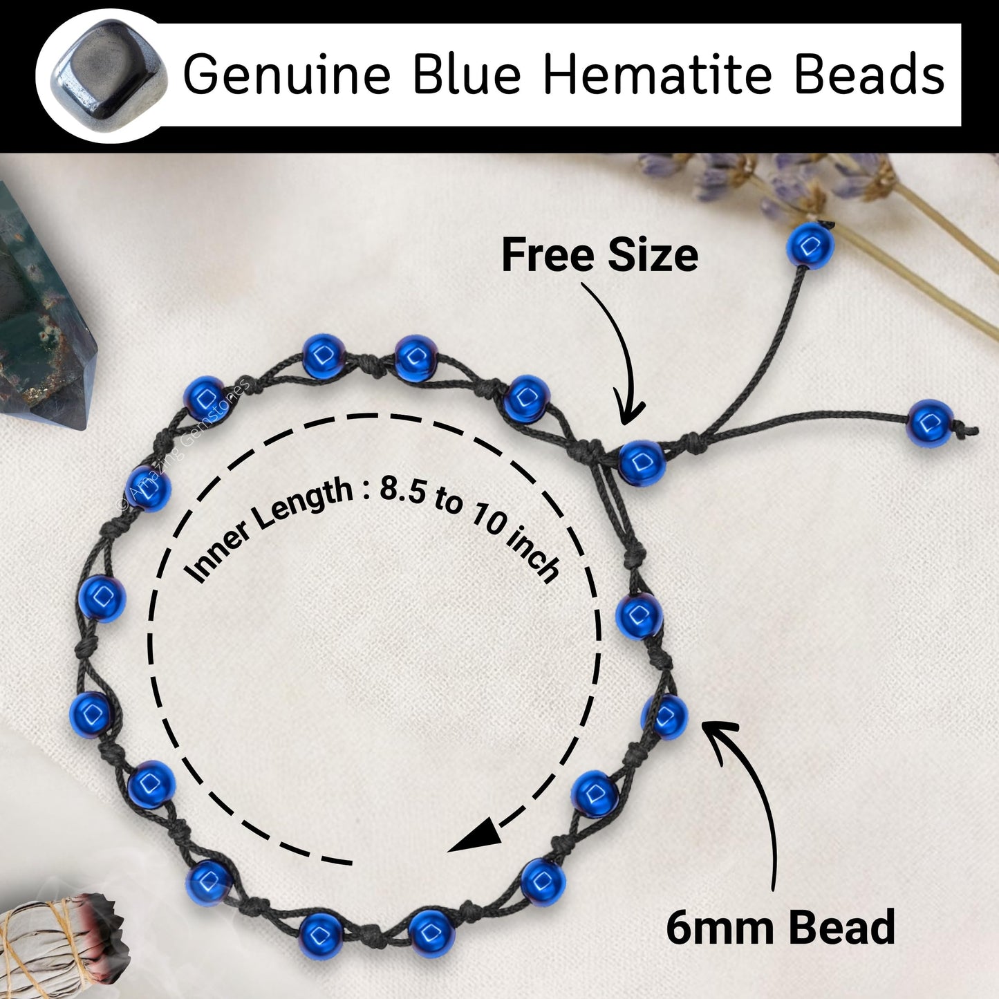Amazing Gemstone Blue Hematite Anklet Ankle Bracelets for Women - Waterproof Beaded Healing Crystal Anklets, Plus Size Chakra Gemstone Bead Anklet (Stretchy Adjustable - Hand Knotted)