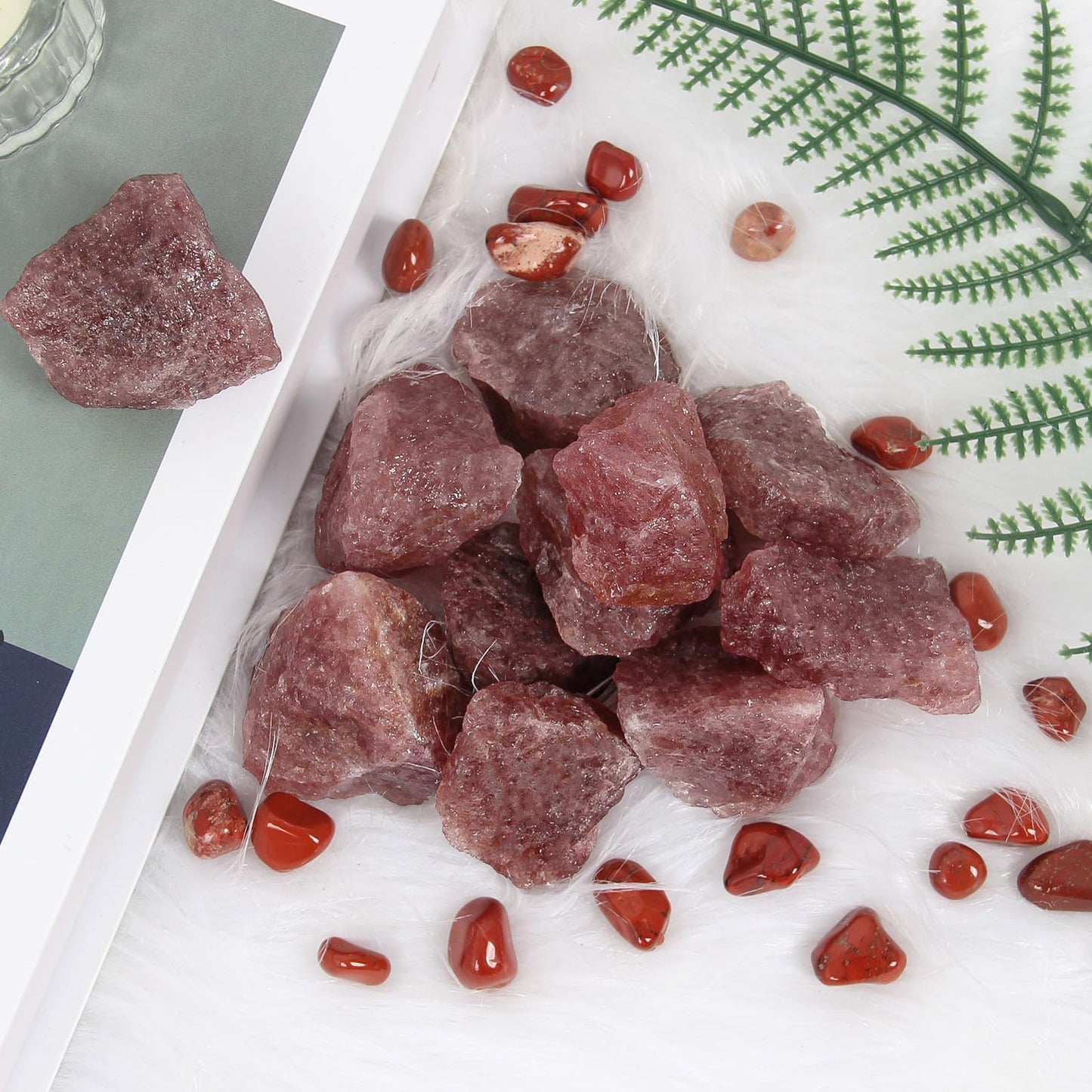 1.1lb Bulk Raw Red Strawberry Quartz Rough Crystal-Natural Red Strawberry Quartz Raw Stones Crystal for Tumbling, Cabbing, Decoration, Polishing, Wire Wrapping, Wicca & Reiki Crystal Healing