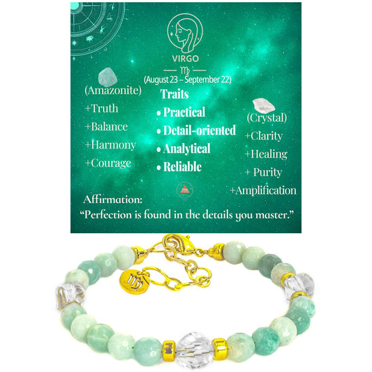 Ayriwoyi Virgo Zodiac Bracelet 12 Constellations Amazonite Clear Quartz Crystal Healing Beaded Bracelet Astrology Birthday Jewelry Gift for Women