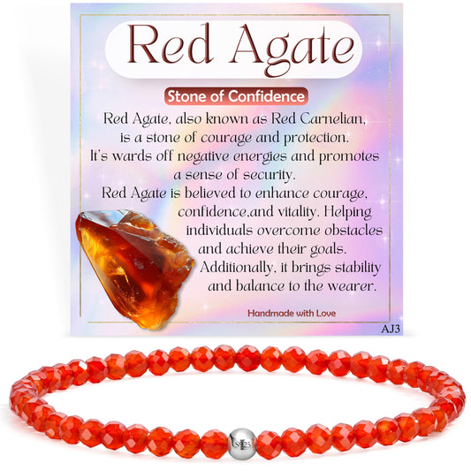 Farfume Red Agate - Confidence - Beaded Bracelets for Women,Handmade Natural Stone 4mm Beads 925 Sterling Silver Stretch Bracelets, Chakra Crystal Gemstone Jewelry Gifts for Mom