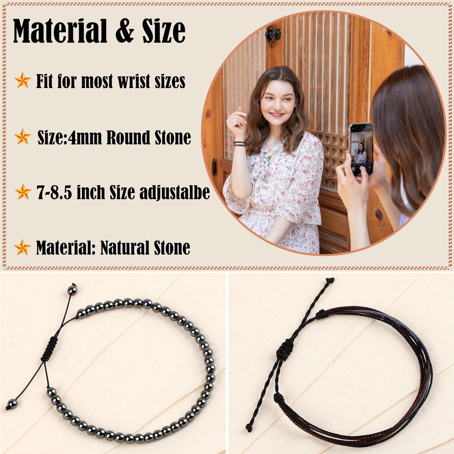 LPBeads 4mm Hematite Bracelet with Handmade Rope Bracelet Size Adjustable Natural Stone Crystal Healing Bracelets Gifts for Unisex Adults