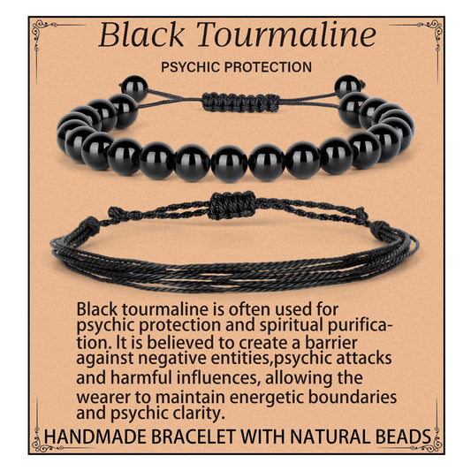 LPBeads 8mm Black Tourmaline Bracelet with Handmade Rope Bracelet Size Adjustable Natural Stone Crystal Healing Bracelets Gifts for Unisex Adults