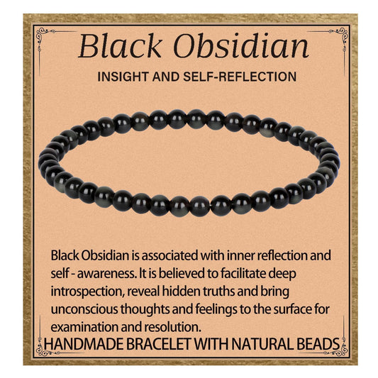 LPBeads Handmade Natural Gemstone Stretch Elastic 4m Black Obsidian Bracelet Healing Crystal Round Stone Beads Jewelry Gifts for Women Men