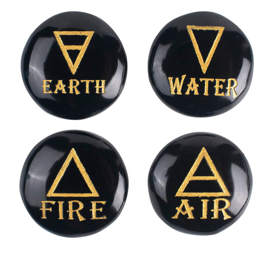 Crocon 4 Elements Black Tourmalinetones Round Shape Engraved Triangle Symbols (Earth Air Fire Water) Polished Palm Stones for Gemstone Reiki Crystals and Healing Stones Meditation Divination Gifts