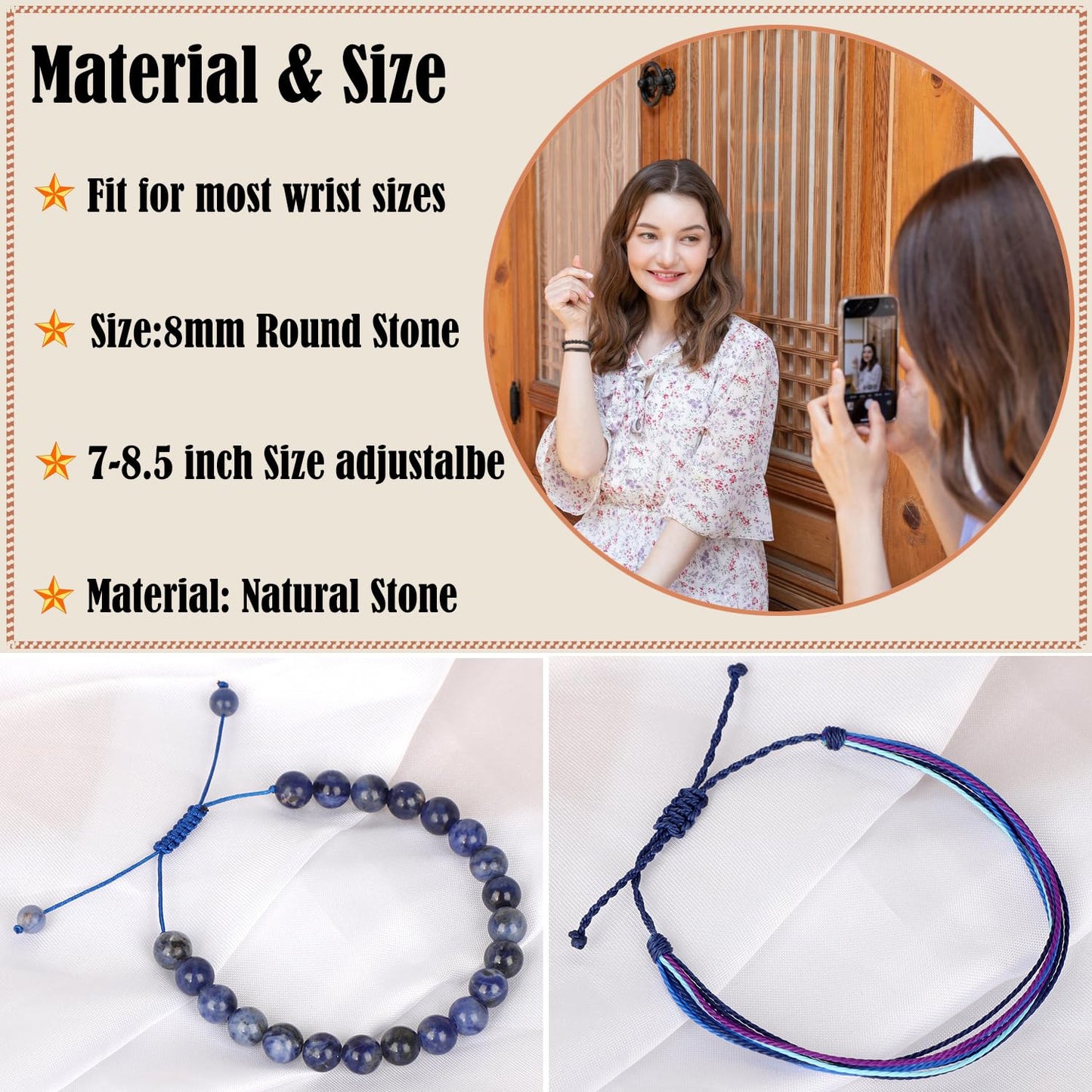 LPBeads 8mm Blue Sodalite Bracelet with Handmade Rope Bracelet Size Adjustable Natural Stone Crystal Healing Bracelets Gifts for Unisex Adults