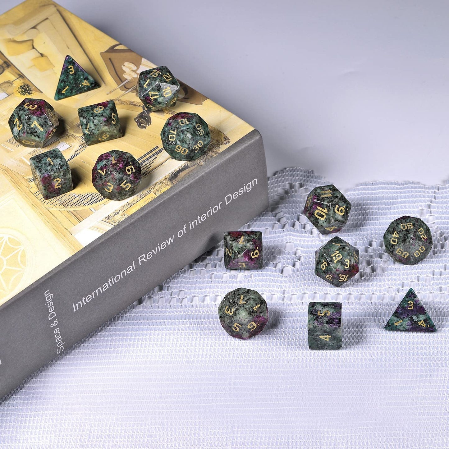 mookaitedecor 7 PCS Ruby in Fuchsite Crystal Polyhedral DND Dice Set, Polished Tumbled Stones Dices for RPG MTG Table Games Home Decoration