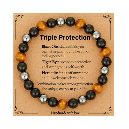 Gnamy Triple Protection Beaded Bracelet Gifts for Men, Tiger Eye Black Obsidian Hematite Bracelets Birthday Valentines Day Anniversary Healing Sobriety Jewelry Gifts for Him Husband Dad Boyfriend Brother