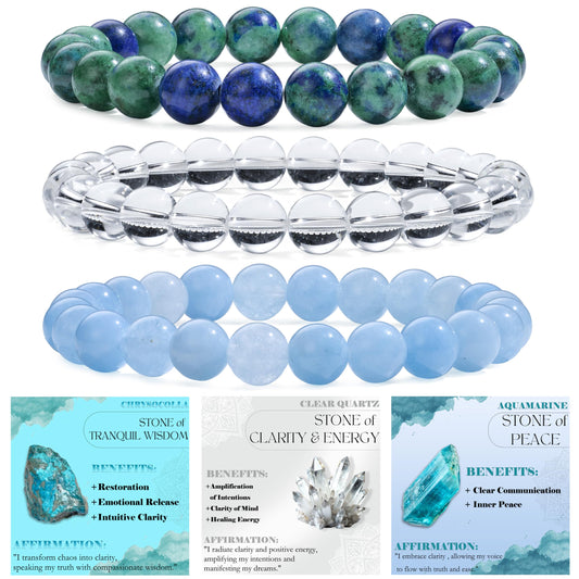 Bivei 3-Piece 8mm Beaded Bracelets for Women - Chrysocolla, Clear Quartz, Aquamarine - Handmade Natural Crystal Stretch Elastic Jewelry Yoga Meditation Protection Gifts