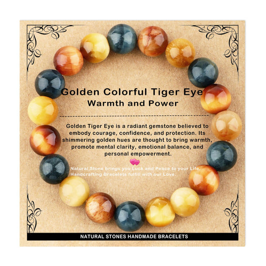 AD Beads 10mm Handmade Golden Colorful Tiger Eye Elastic Bracelet – Natural Gemstone for Warmth and power – Meditation, Yoga, Healing and Energy Gift for Men Women