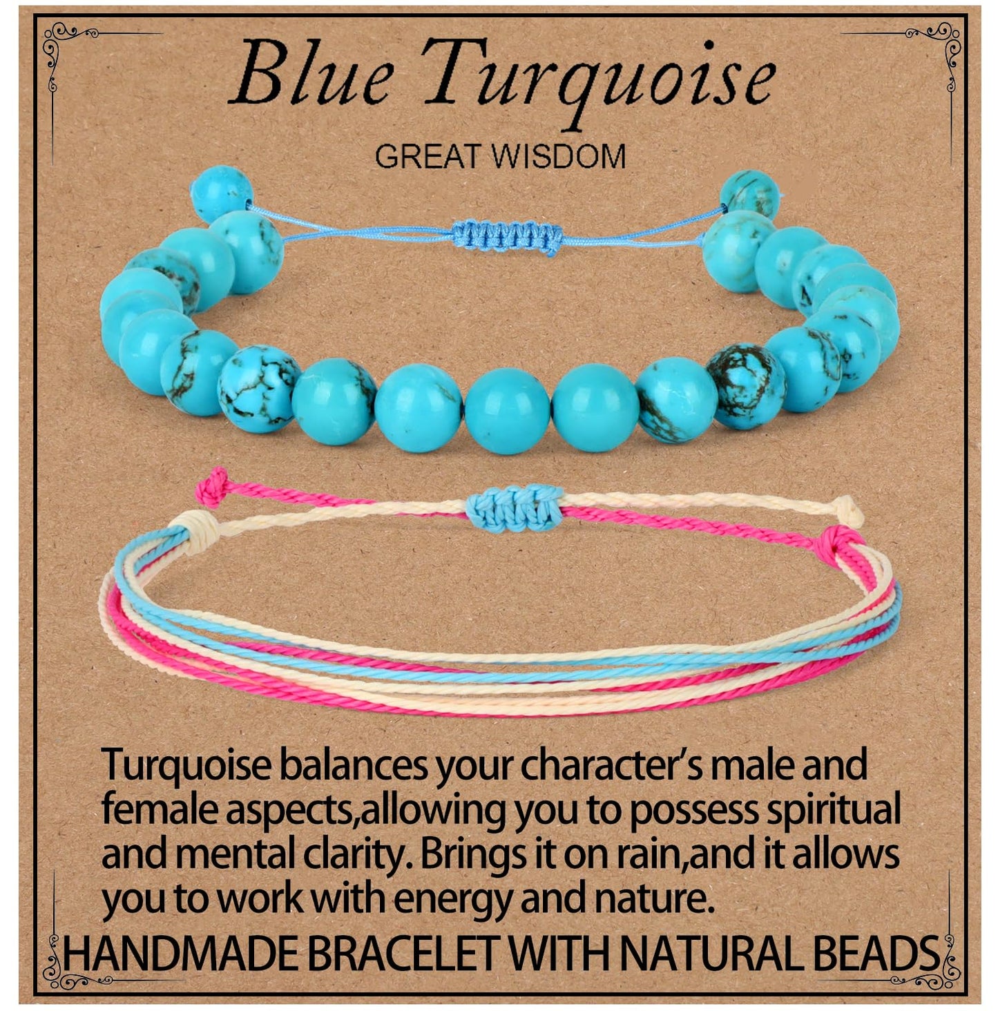 LPBeads 8mm Blue Turquoise Bracelet with Handmade Rope Bracelet Size Adjustable Stone Crystal Healing Bracelets Gifts for Unisex Adults