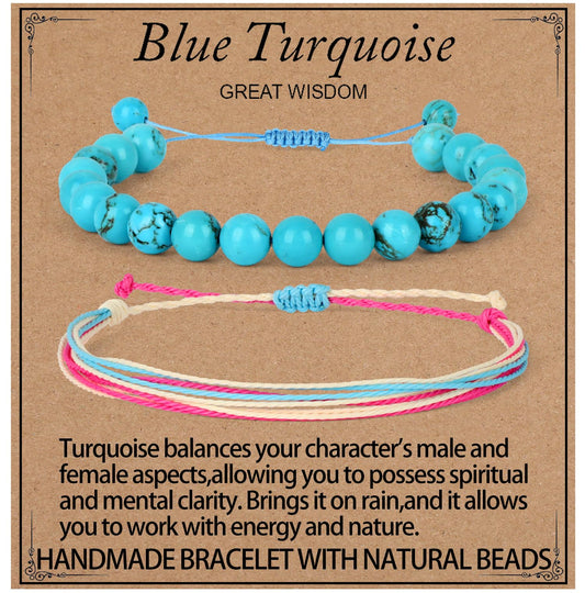 LPBeads 8mm Blue Turquoise Bracelet with Handmade Rope Bracelet Size Adjustable Stone Crystal Healing Bracelets Gifts for Unisex Adults